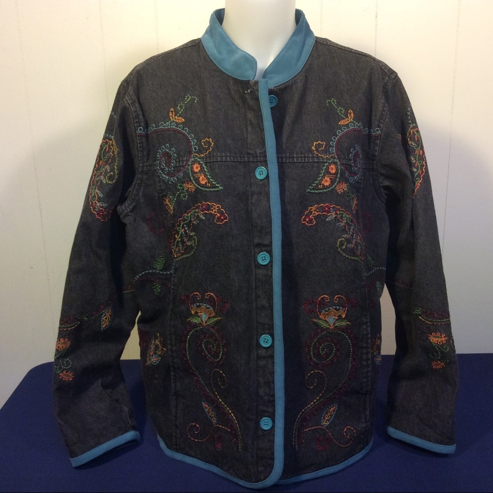 Denim & Co womens embroidered black denim jacket size large